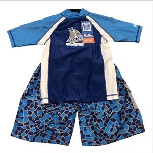 UV Skins Boy 2 Piece Swim Suit Blue/Gray Size 7 Bonus Bucket Hat